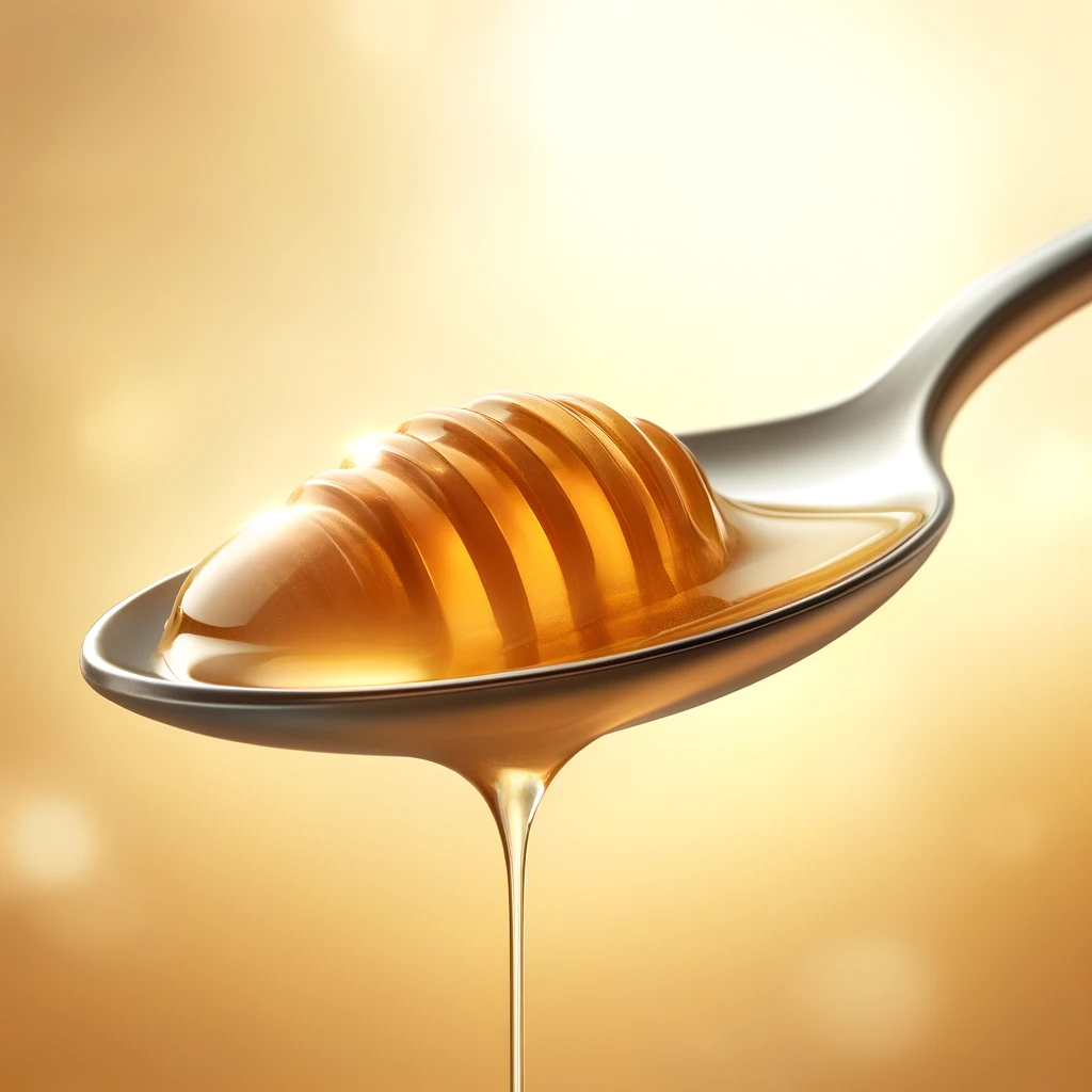 A spoonful of pale golden acacia honey, showcasing its clear, smooth, and liquid texture with a light amber color.