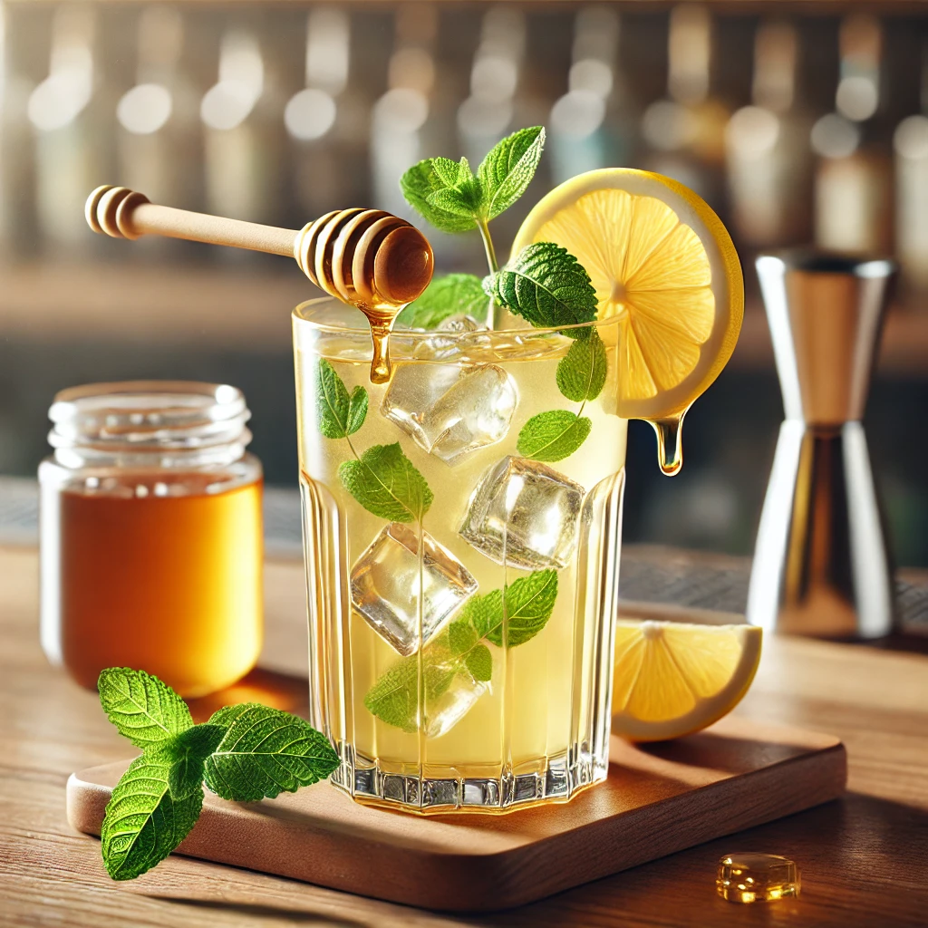 Photorealistic image of a refreshing cocktail made with acacia honey, garnished with a slice of lemon and mint, served in a tall glass with ice.