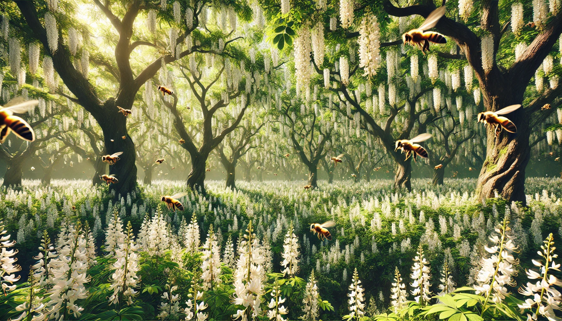 Photorealistic image of a forest of acacia trees in full bloom, with bees flying around and collecting nectar from the white blossoms.