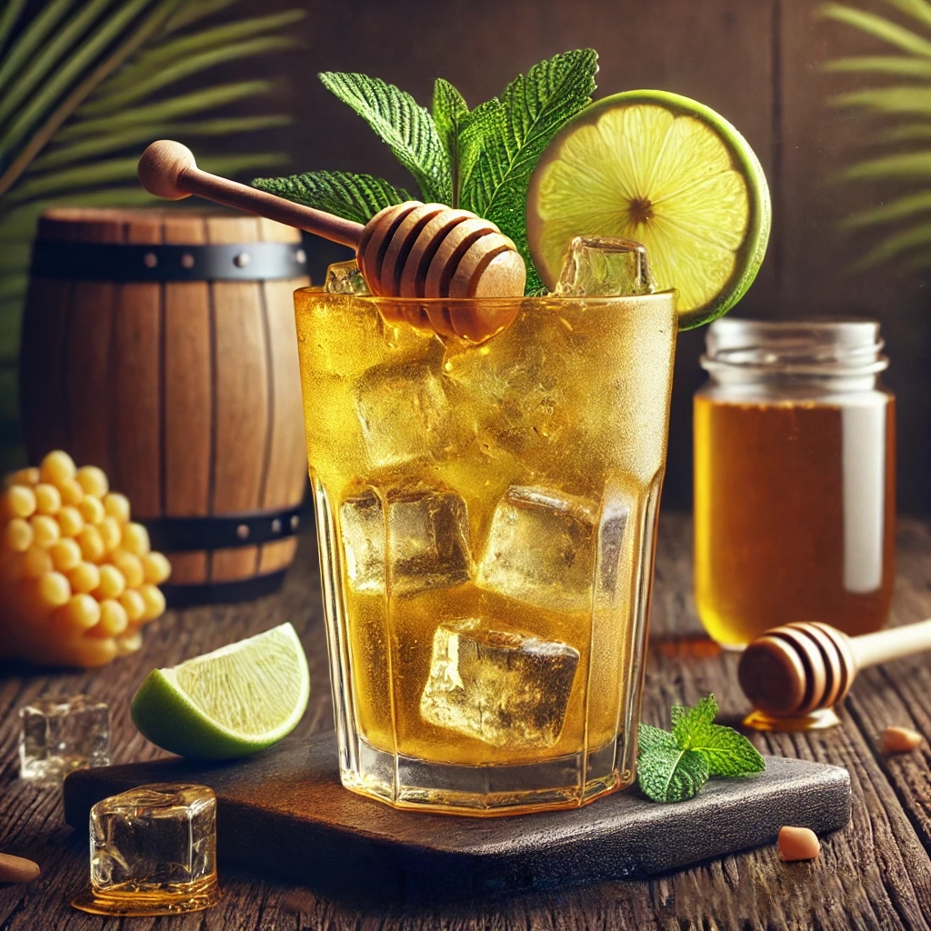 Photorealistic image of a tropical cocktail made with Awa di Lamunchi and Melilot honey, served in a tall glass with ice cubes, lime wedge, and mint leaves.