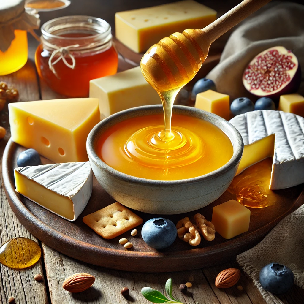 Photorealistic image of creamy rapeseed honey drizzled over a cheese plate with brie, cheddar, and goat cheese, complemented by fresh fruits, nuts, and crackers, set on a rustic wooden table in Curaçao.