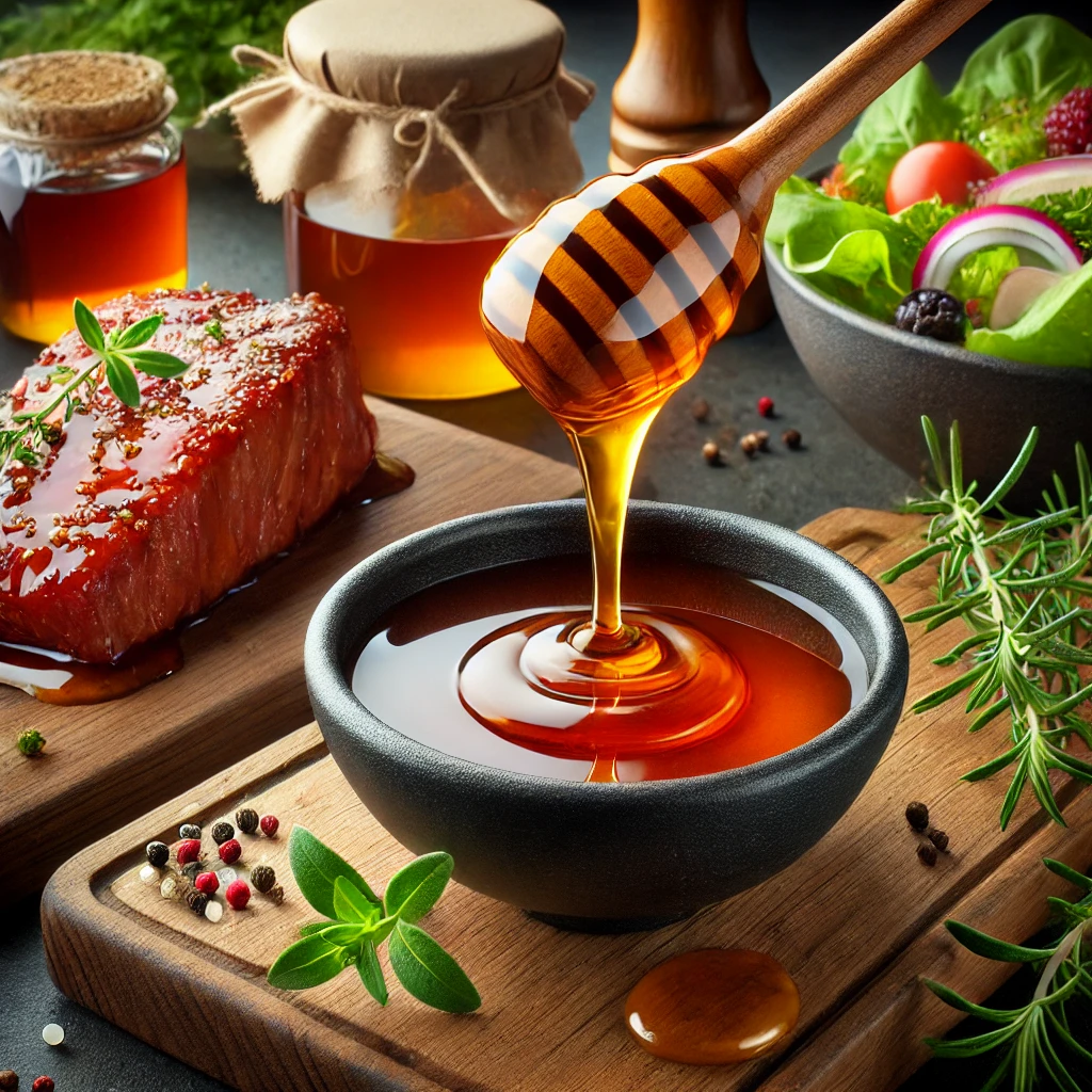 Photorealistic image of heather honey being drizzled into a small bowl, used for marinades and salad dressings, surrounded by fresh herbs, a vibrant salad, and marinated meat pieces.