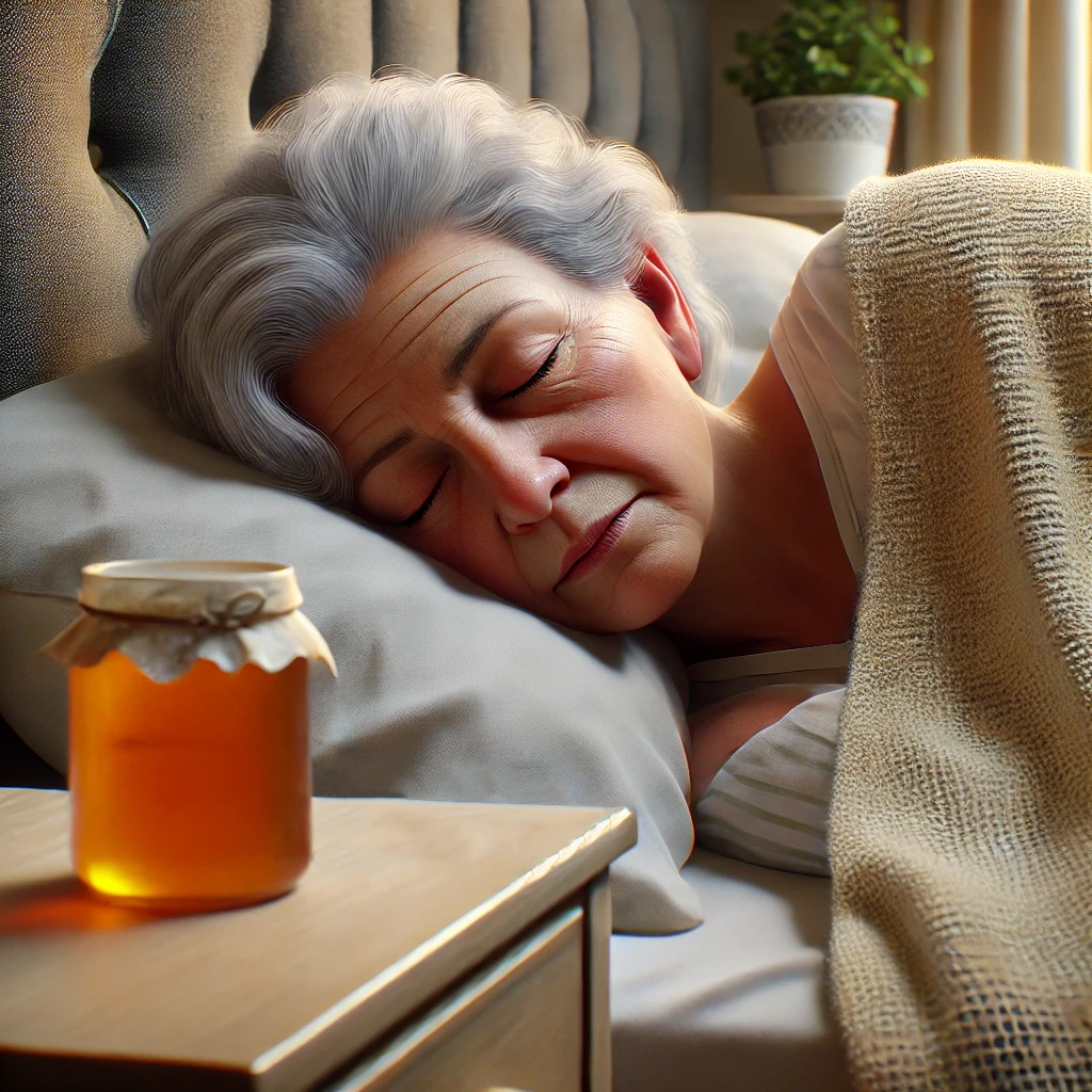 Photorealistic image of a Latina grandmother sleeping peacefully in bed after taking a spoonful of Linden honey, with a smaller jar of honey placed on the edge of the cabinet beside her.