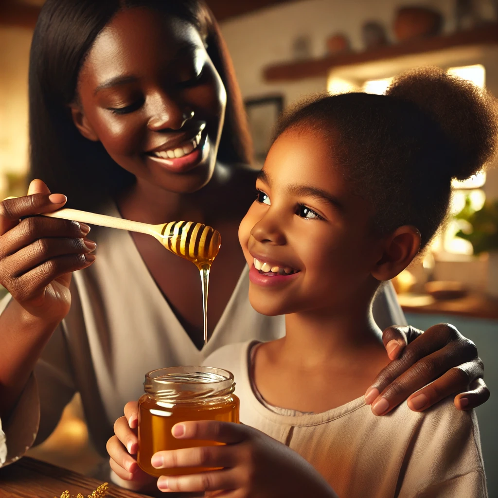 Photorealistic image of a dark-skinned mother feeding her dark-skinned 10-year-old daughter a wooden spoon filled with Phacelia honey, showcasing the natural sweetness and health benefits for kids.