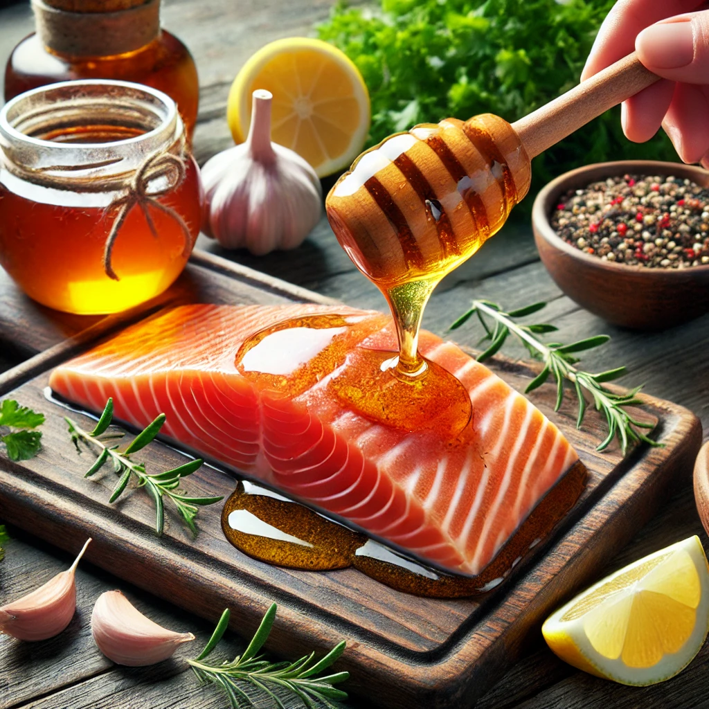 Photorealistic image of Phacelia honey being drizzled over salmon and other fish fillets for marinating, surrounded by herbs, garlic, and lemon slices.